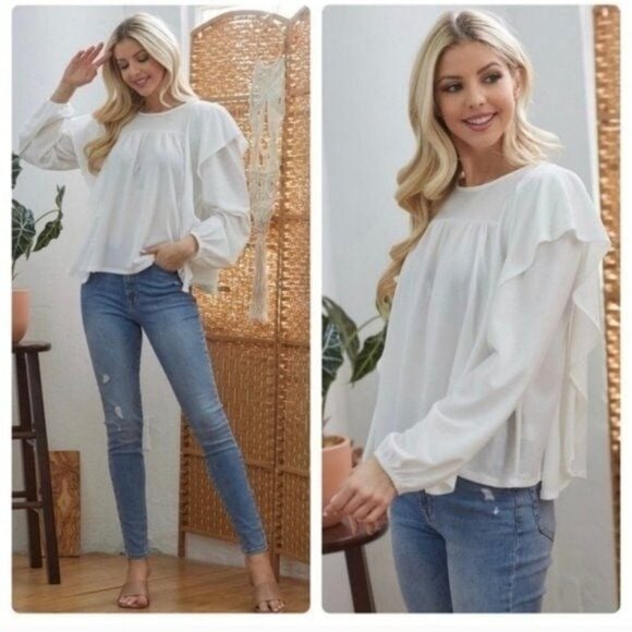 White Ruffle Sleeve Blouse W/Keyhole Back Loose Fit Lightweight & Flowy Top -NEW - Picture 2 of 2